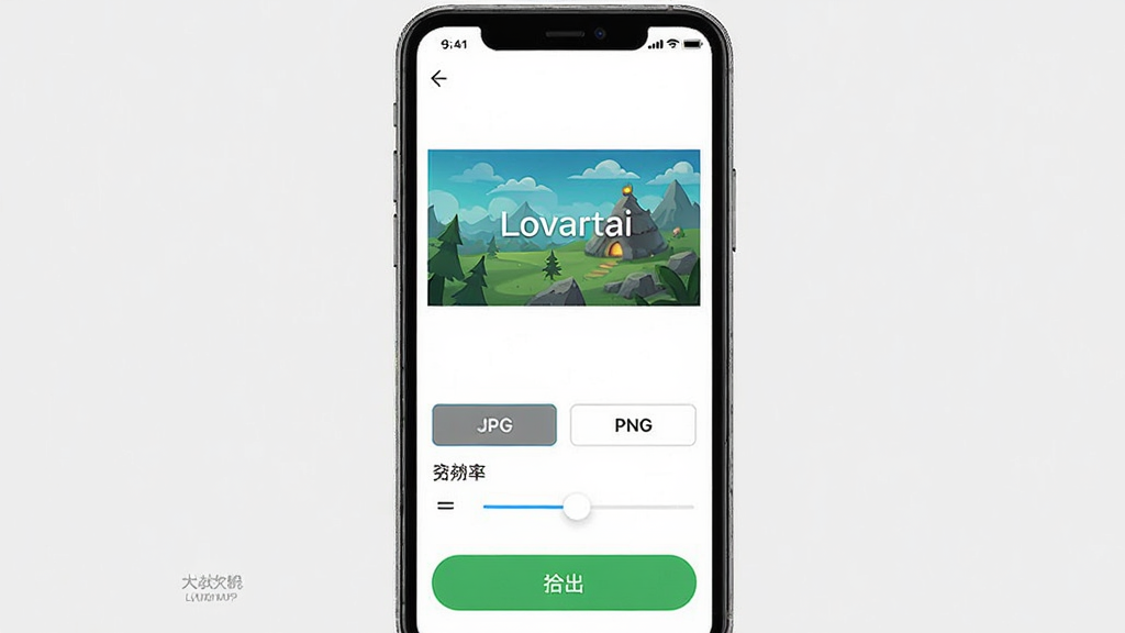 Lovartai����������������������ý����ͼ�������������ֻ���Ļ������Ϊ�м��ǵ���Ԥ��ͼ���·��Ǹ�ʽѡ��JPG��PNG��ť���ֱ���ѡ�񻬿飬�ײ��ǵ�����ť����������ˣ�ϸ������ʾ��ˮӡ��ʶ�����ʸ��壬�ɾ��޶���Ԫ�ء�