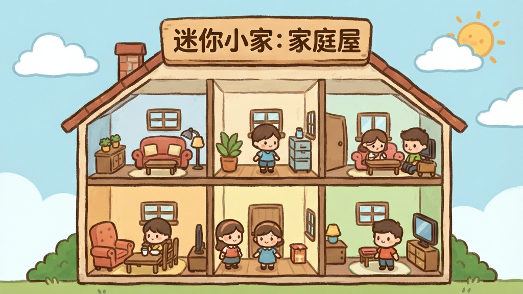 一张卡通风格的游戏主界面截图,画面中是一栋小房子剖面图,每个房间都有不同的家具和角色,屋顶有“迷你小家:家庭屋”的招牌,天空是淡蓝色,有白云和太阳,整体风格为温馨手绘卡通,布局清晰,画质干净,无多余元素