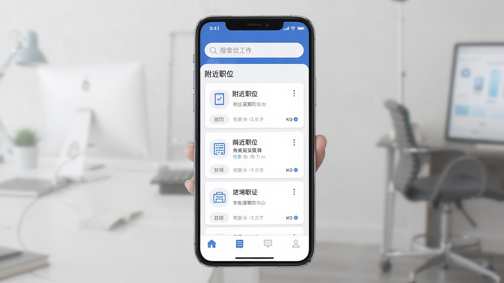 同城附近找工作 手机应用主界面展示 蓝色和白色为主色调 顶部搜索栏 中间显示附近职位列表卡片 底部导航栏 干净简洁的扁平化设计 高清画质 无多余元素