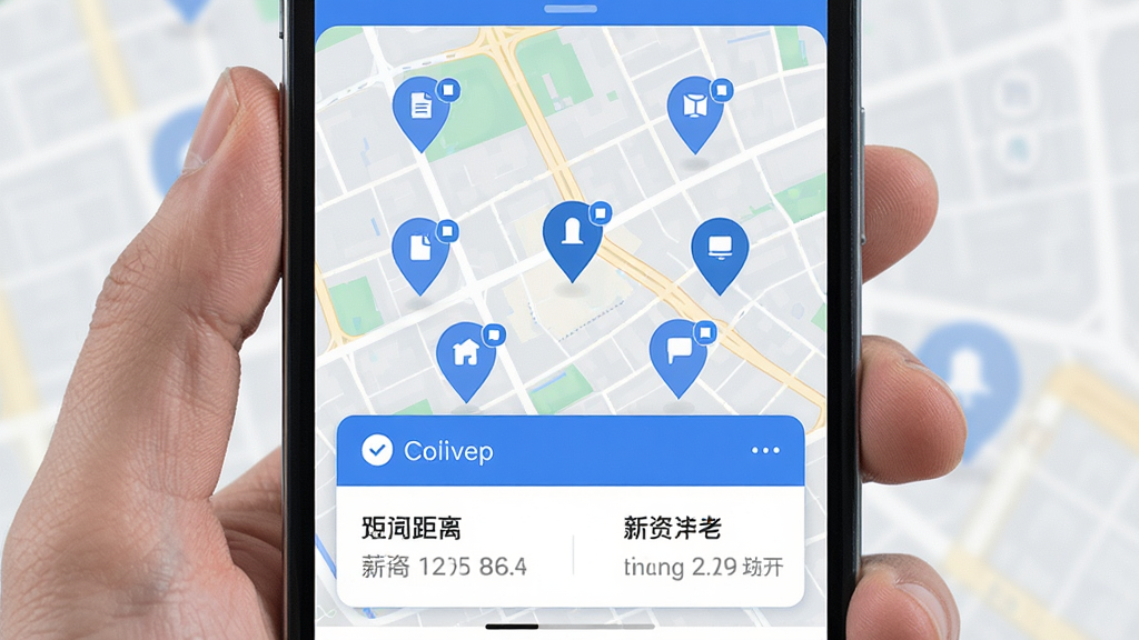 同城附近找工作 手机屏幕显示地图模式 上面有多个职位标记点 底部弹出职位卡片 显示距离和薪资 蓝色主题 界面干净 高清画质