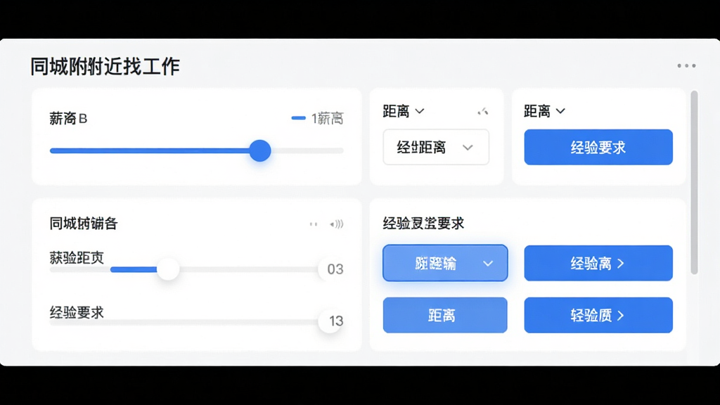 同城附近找工作 筛选功能界面 显示薪资滑块 距离选项 经验要求按钮 蓝色高亮选中状态 白色背景 布局整齐 高清画质