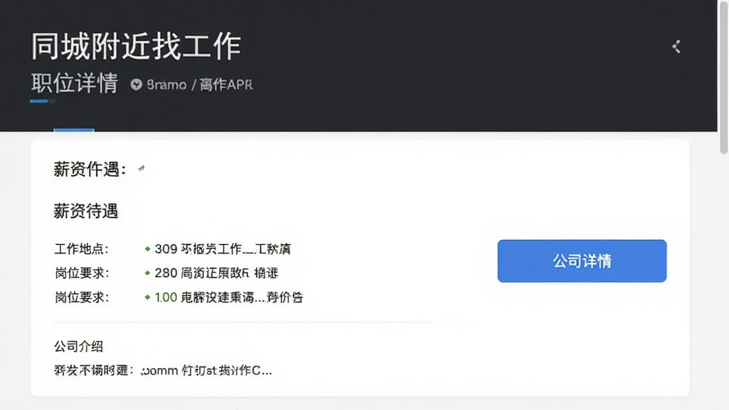 同城附近找工作 职位详情页面截图 显示薪资待遇 工作地点 岗位要求 公司介绍 蓝色按钮 白色背景 排版清晰 高清画质