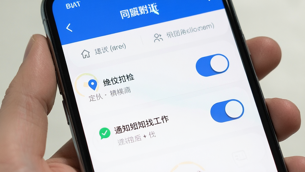 同城附近找工作 手机权限设置界面 显示定位权限和通知权限开关 蓝色高亮 白色背景 干净整洁 高清画质