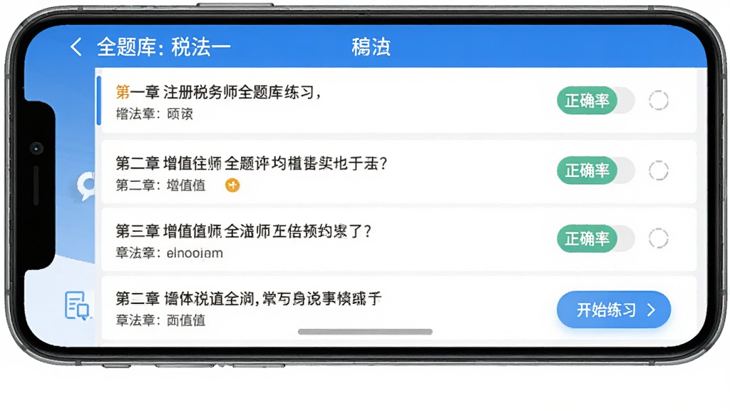 注册税务师全题库章节练习界面,手机屏幕显示税法一第二章增值税章节的题目列表,每道题后面有正确率百分比标签,底部有开始练习按钮,界面风格简洁,蓝白配色,文字清晰,画质干净无多余元素