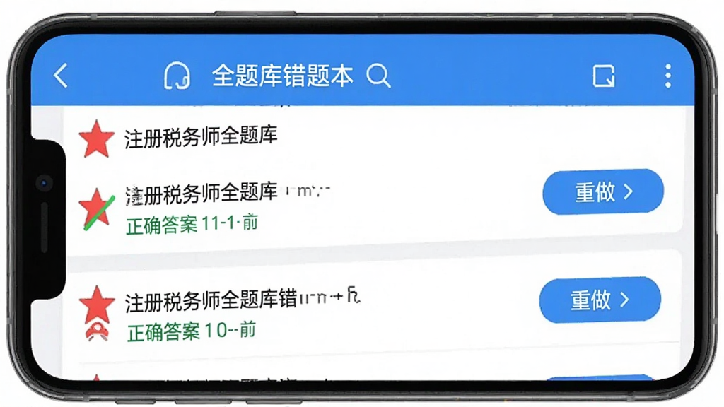 注册税务师全题库错题本界面,手机屏幕显示错题列表和重做按钮,每道错题旁边有红色错误标记和绿色正确答案标记,界面布局简洁,蓝白配色,文字清晰,画质干净无多余元素