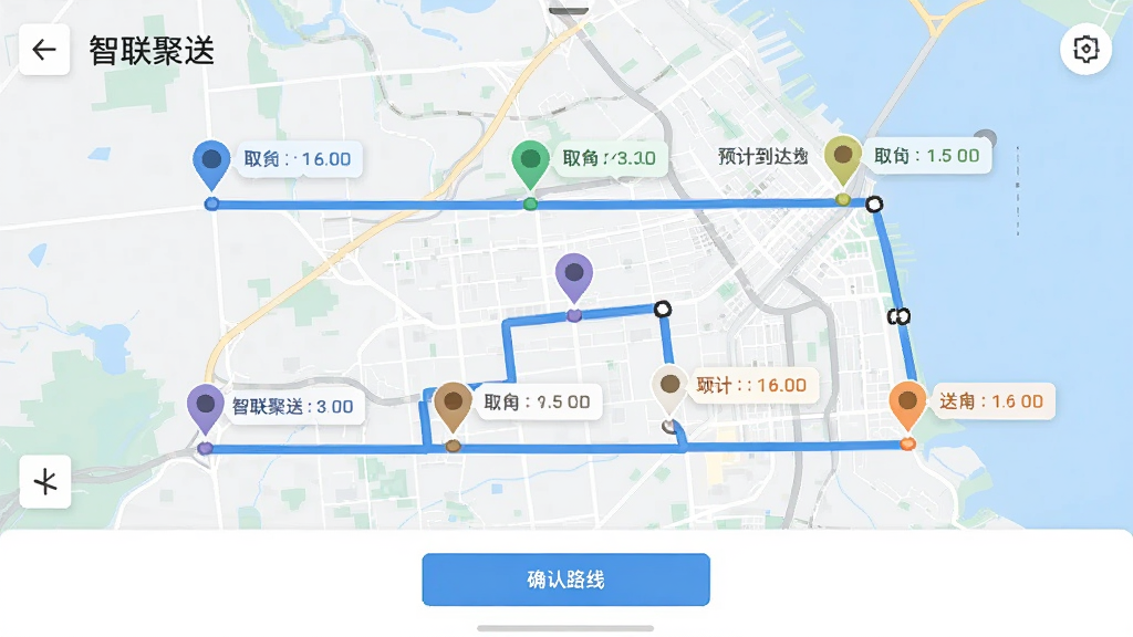 ��������Ӧ��������·�߹滮���棬��ͼ����ʾ���ȡ������ͻ����ò�ͬ��ɫ��ǣ�·������ɫ�������ӣ�ÿ���ڵ�����Ԥ�Ƶ���ʱ���ǩ���ײ���ȷ��·�߰�ť�������������������ʸɾ����޶���Ԫ��