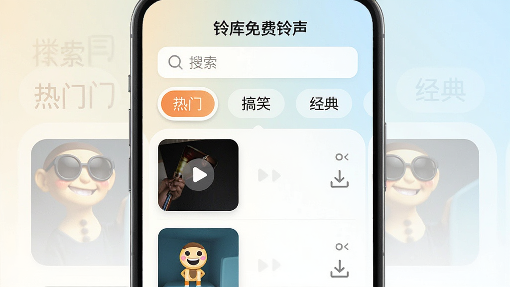 һ���ֻ�Ӧ�ý����ͼ����ͼƬ����������չʾ��������������APP�������棬����Ϊ�������������м��Ƿ����ǩ�硰���š�������Ц���������䡱���·��������б����в��Ű�ť������ͼ�꣬����Ϊǳɫ���䣬����ִ���ƽ����ϸ��Բ�󣬻��ʸɾ������޶���Ԫ�ء�