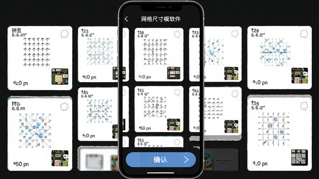 ƴ��ͼֽģ������������ߴ�ѡ����棬�������ֻ���Ļչʾ�����ͬ��С����������ͼ���У�����Ϊ�������⡢�м�����ѡ�Ƭ���ײ�ȷ�ϰ�ť���Ű��������򣬷��Ϊ��Լ��Ƭʽ��ƣ�ϸ����ÿ������Ƭ���гߴ��ע������Ԥ��ͼ�����������޶���װ��