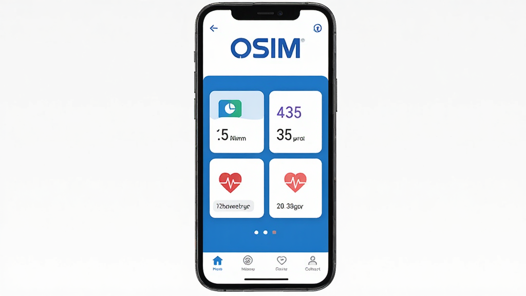 OSIM��������App������չʾ���ֻ���Ļ������ʾ����������ɫ�Ǳ��̣��Ϸ�����Ŀ��OSIM��־���м��ǽ������ݿ�Ƭ���֣�����������˯�ߡ�����ͼ�꣬�ײ�Ϊ�������������ɾ�����ƽ����Ʒ�񣬻����������޶���Ԫ��