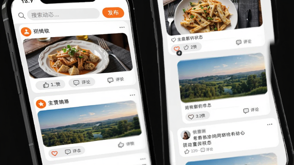 ����ͬ���Ķ�̬�㳡���棬�ֻ���Ļչʾͬ���û�������ͼ�Ķ�̬��������ʳ��Ƭ���羰�պ�����״̬��ÿ����̬�·��е������۰�ť���������������ͷ�����ť�������԰�ɫ��ǳ��ɫΪ��������׺��ɫͼ�꣬����ִ���ƽ�����ʸɾ�����