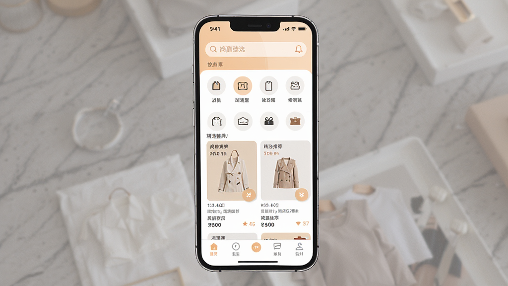 һ��չʾ�м���ѡApp��������ֻ�����ͼ������������һ���ִ������ֻ�����Ļ����ʾ�м���ѡApp����ҳ�����������������м�����Ʒ����ͼ��;�ѡ�Ƽ���Ƭ���ײ�Ϊ������������ɫ����ů�׺�ǳ��Ϊ������������죬ϸ�����������ʸɾ����޶���Ԫ��