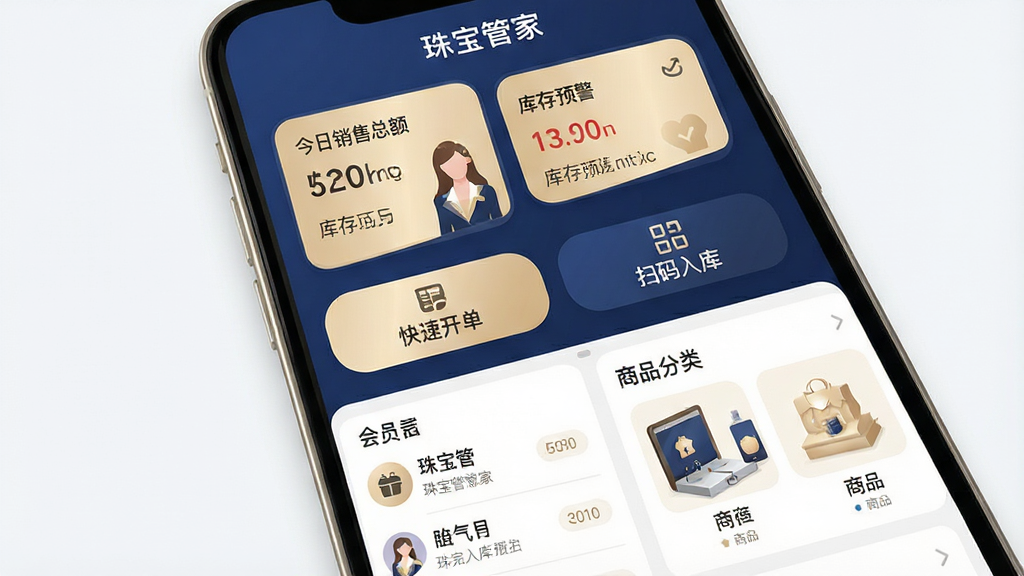 һ��չʾ�鱦�ܼ��������Ľ������ϸͼƬ���������ֻ���Ļ��ʾ���鱦�ܼ�APP����ҳ�������Ϸ��ǽ��������ܶ�Ϳ��Ԥ����Ƭ���м��ǿ�ݿ�����ɨ����ⰴť���·��ǻ�Ա�б�����Ʒ����ͼ�꣬�Ű�������������ִ���ƽ����ϸ����ͼ��Բ����ɫ�����Ľ������Ϊ�������ʸɾ��޶���Ԫ�أ����ֱ���������鱦�ܼҡ���