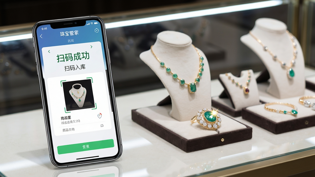 һ��չʾ�鱦�ܼҿ���̵㹦�ܵ�ͼƬ��������һ���鱦��̨����̨�Ϸ���һ���ֻ����ֻ���Ļ��ʾ�鱦�ܼ�APP��ɨ�������棬��Ļ���С�ɨ��ɹ�������Ʒ��Ϣ���������ֻ������鱦�������ң����дʵ����ϸ�����ֻ���Ļ�����������й��󣬻��ʸɾ��޶���Ԫ�أ����ֱ���������鱦�ܼҡ���