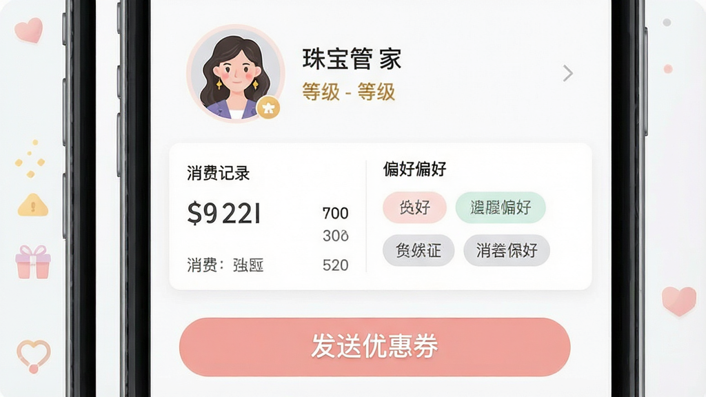 һ��չʾ�鱦�ܼһ�Ա�������ܵ�ͼƬ���������ֻ���Ļ��ʾ�鱦�ܼ�APP�Ļ�Ա����ҳ�棬�����Ϸ��ǻ�Աͷ��͵ȼ����м������Ѽ�¼��ƫ�ñ�ǩ���·��Ƿ����Ż�ȯ��ť���Ű�����������ִ���ƽ��ϸ����ͼ�꾫�¡���ɫ��ͣ����ʸɾ��޶���Ԫ�أ����ֱ���������鱦�ܼҡ���