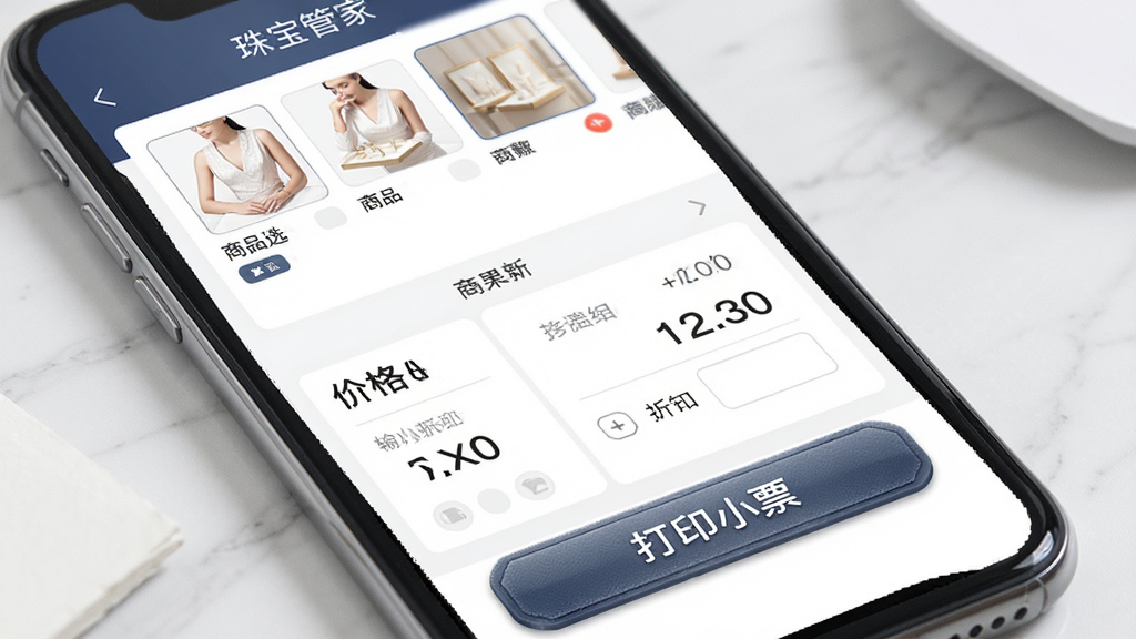 һ��չʾ�鱦�ܼ����ۿ������ܵ�ͼƬ���������ֻ���Ļ��ʾ�鱦�ܼ�APP�Ŀ������棬�����Ϸ�����Ʒѡ����м��Ǽ۸���ۿ����������·��Ǵ�ӡСƱ��ť���Ű��࣬�������ʵ�ã�ϸ���ϰ�ť���ʸС��������������ʸɾ��޶���Ԫ�أ����ֱ���������鱦�ܼҡ���