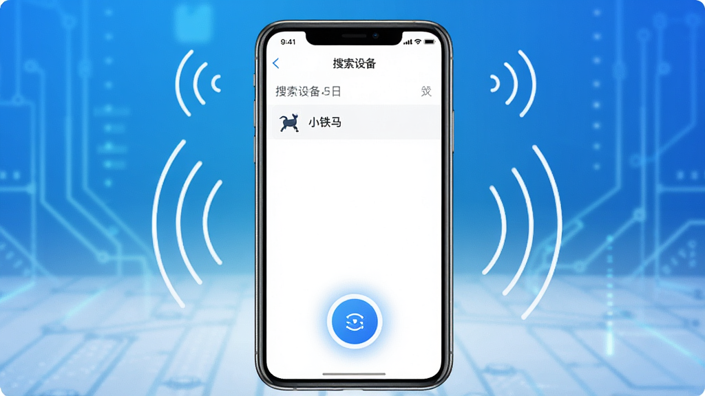 һ��չʾ��С������App�������ӹ��̵�ͼƬ������������һ���ֻ�����Ļ����ʾ��С�������������豸���棬һ��������Բ�����Ӱ�ťλ����Ļ�·����Ϸ��б���ʾ�ѷ���һ���豸���ơ��ֻ���Χ�����ż����������źŲ���ͼ�꣬�����������ӡ������ǿƼ��е���ɫ���䣬��������죬�����������޶���Ԫ�ء�