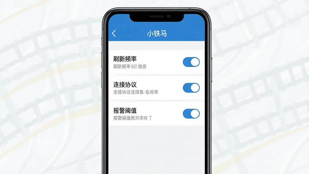 һ��չʾ��С������App���ý����ͼƬ���������ֻ���Ļ����Ļ����ʾ��С�����������ò˵����˵��������ˢ��Ƶ�ʡ���������Э�顱����������ֵ���ȣ�ÿ��ѡ���Ա߶�������������˵���Ϳ��ذ�ť��������ͳһ������ɫ�Ͱ�ɫΪ�������ֹ��������ʸɾ����޶���Ԫ�ء�
