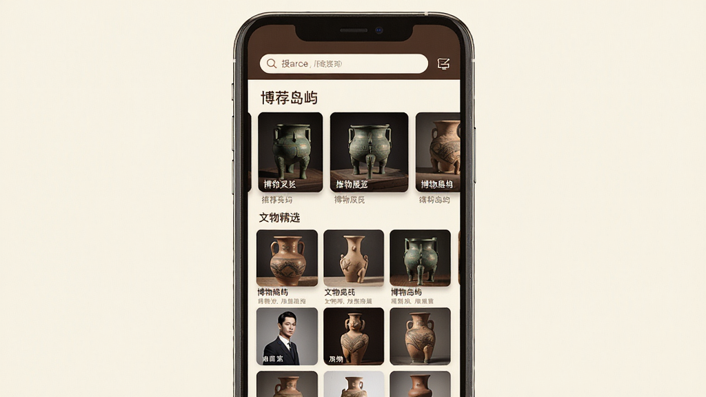 一张展示博物岛屿App核心界面的手机屏幕截图,画面中央是博物岛屿的首页,顶部有搜索栏,中间是推荐展览的横向卡片,下方是文物精选九宫格,整体色调为米白色与深棕色搭配,风格复古文艺,界面干净整洁,文字清晰,画质高清,无多余元素