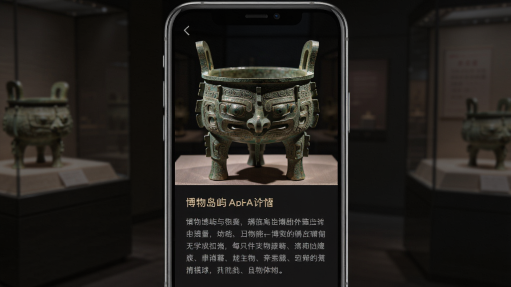 博物岛屿App内展示一件青铜器文物的详情页面,手机屏幕中青铜器的高清图片占据上半部分,下方是文字介绍区域,界面采用深色背景衬托文物,风格典雅庄重,画质细腻,文字排版清晰,无杂乱元素