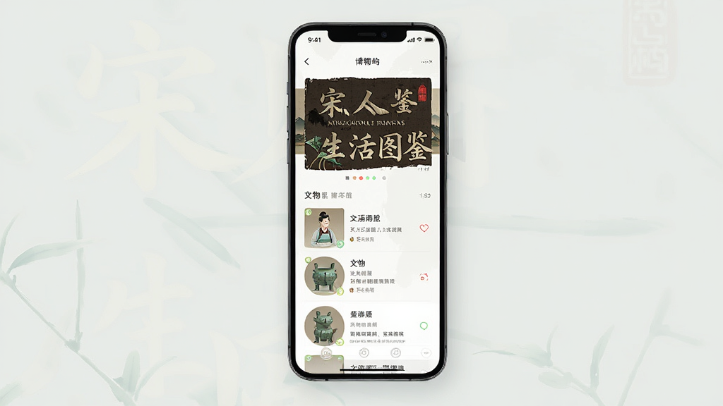 博物岛屿App的主题展览页面,手机屏幕上展示“宋人生活图鉴”线上展览,有展览封面图、文物列表和简介文字,界面排版疏朗有致,风格文艺清新,画质干净,无多余元素