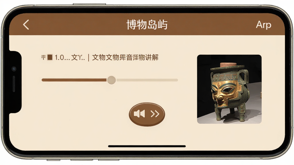 博物岛屿App的音频播放界面,手机屏幕上显示正在播放文物讲解音频,有播放进度条、倍速按钮和文物缩略图,界面风格简洁,以米色和棕色为主,画质清晰,文字标签明确,无多余装饰