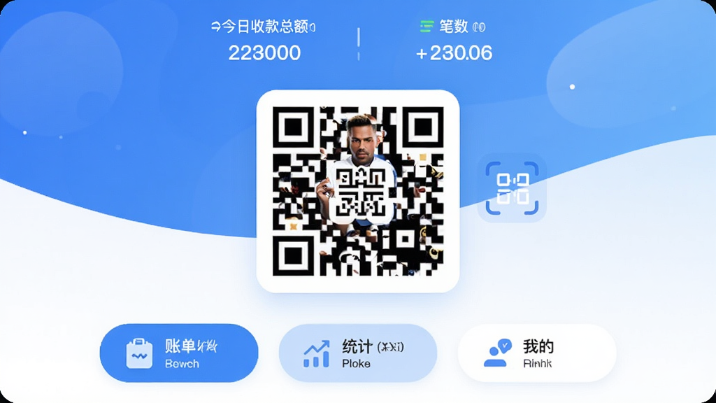 罗杰夫收款助手主界面展示,画面中央是醒目的收款二维码和扫码图标,上方显示今日收款总额和笔数,下方排列账单、统计、我的三个功能按钮,背景为蓝白渐变色调,风格现代扁平,图标圆润清晰,画质干净无多余元素