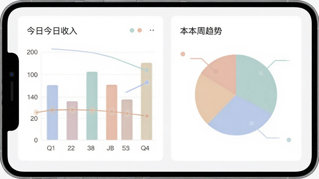 罗杰夫经营数据看板界面,手机屏幕显示柱状图和饼状图,图表颜色柔和,标注今日收入、本周趋势等文字,背景简洁,风格商务扁平,画质干净,无多余元素