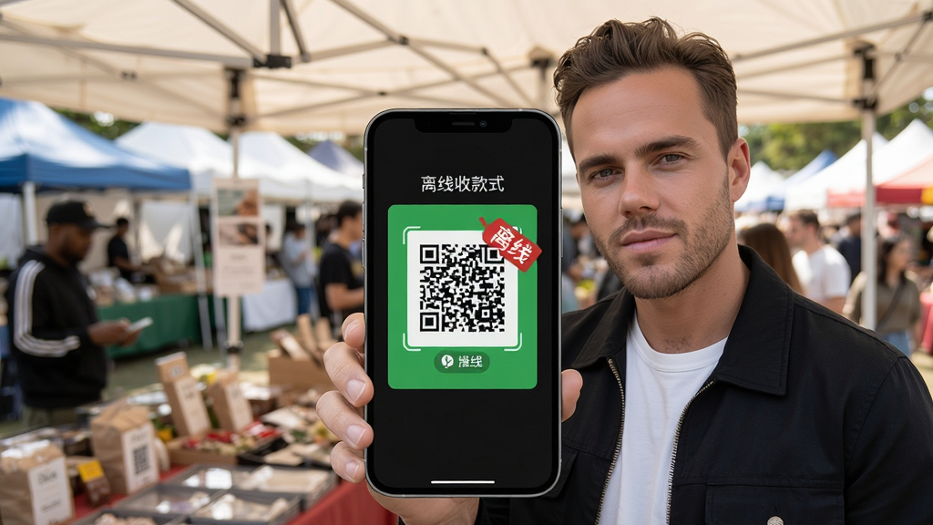 罗杰夫离线收款模式示意图,手机屏幕显示离线收款码并带有“离线”标识,背景是户外集市摊位,风格写实,画质清晰,主体突出,无杂乱背景