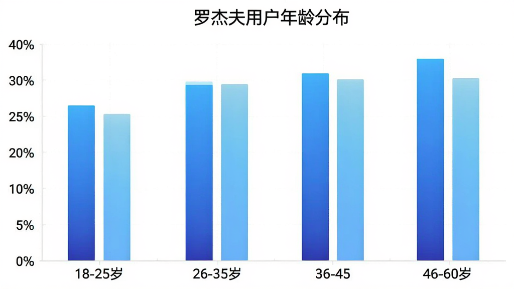 罗杰夫用户年龄分布柱状图,横轴为18-25岁、26-35岁、36-45岁、46-60岁四个年龄段,纵轴为用户占比百分比,柱状颜色为渐变蓝色,图表标题为“罗杰夫用户年龄分布”,风格简洁数据可视化,画质干净,无多余元素