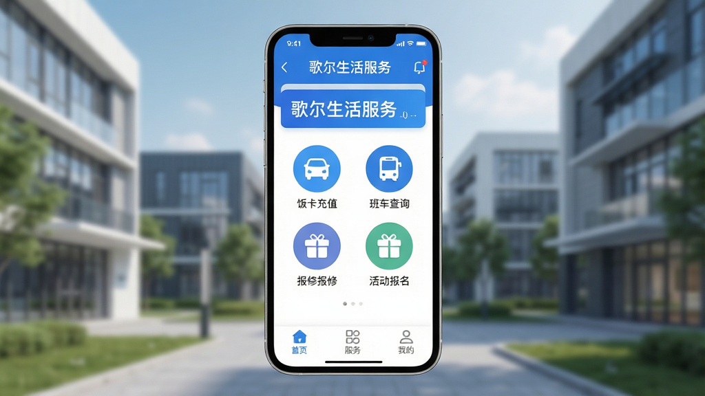 ����������App��ҳ����չʾͼ������������һ���ֻ�����Ļ��ʾ��������������ɫ��ɫ�����棬������԰��֪ͨ������в����з�����ֵ���೵��ѯ�����ޡ�������ĸ�Բ��ͼ�꣬�ײ�Ϊ��ҳ�������ҵ�����������ǩ������Ϊ�黯���ִ����Ƽ�԰����������ƽ��ϸ��Բ�󣬻��ʸɾ��޶���Ԫ��