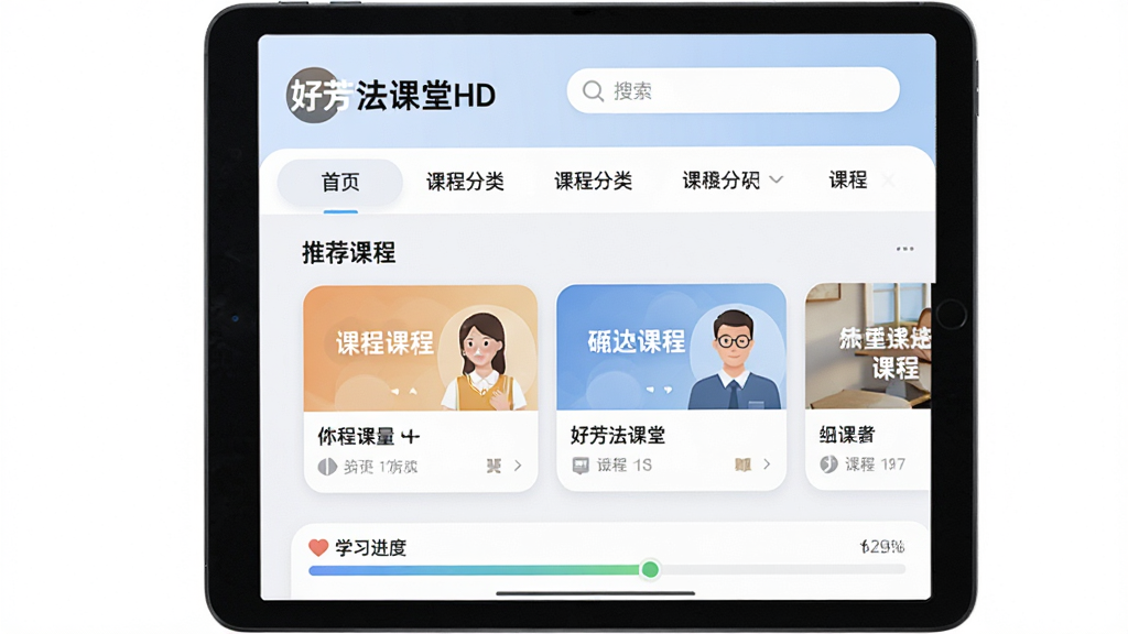 一张展示“好芳法课堂HD”App主界面的图片,主体是一个平板电脑屏幕,屏幕上显示着“好芳法课堂HD”的Logo和课程分类导航栏,布局清晰,顶部有搜索框,中间是推荐课程卡片,底部有学习进度条,排版简洁大方,风格现代教育类App设计,细节上图标圆润、色彩柔和,画质高清干净无多余元素