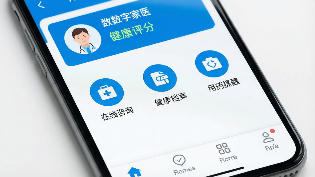 һ���ֻ���Ļ�ĸ�����д����Ļ����ʾ�š�������ּ�ҽ��APP�������棬�����Ըɾ��İ�ɫ��ҽ����Ϊ��ɫ����������ʾ�û�ͷ��ͽ������֣��м�������������ѯ��������������ҩ���ѵ�Բ�ι���ͼ�꣬�ײ���������������������רҵ�����ʸɾ����޶���Ԫ��
