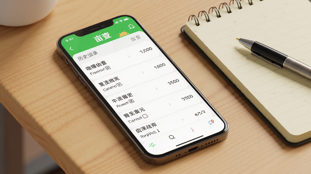 一张AI生成的图片,画面中一部手机放在桌子上,屏幕显示“亩查”App的历史记录列表,列表中包含多个地块名称和对应的面积数据,旁边放着一本记事本和一支笔,背景是木质桌面,风格简洁,画质干净
