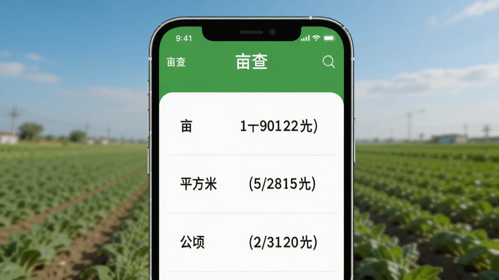 一张AI生成的图片,画面中手机屏幕显示“亩查”App的测量结果页面,页面上清晰地列出了“亩”、“平方米”、“公顷”等单位的换算数值,背景是模糊的农田和蓝天,风格现代扁平,画质干净无多余元素