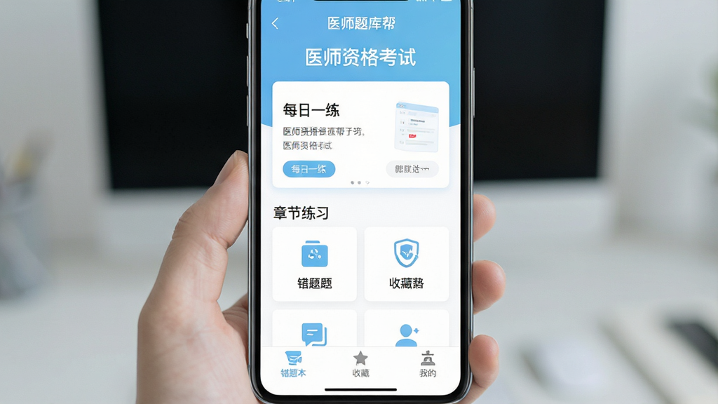 һ���ֻ���Ļչʾ�š�ҽʦ���App�������棬������ǳ��ɫ�Ͱ�ɫΪ��ɫ����������ʾ��ҽʦ�ʸ��ԡ��������м���ÿ��һ���Ŀ�Ƭ���½���ϰ��ڣ��ײ��д��Ȿ���ղء��ҵ�����ѡ������岼�ּ����ˬ������ִ���ƽ�����ʸɾ��޶���Ԫ��