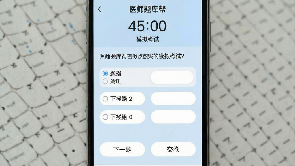 һ���ֻ���Ļչʾ��ҽʦ�����ģ�⿼�Խ��棬�����е���ʱ��45:00���͡�ģ�⿼�ԡ����⣬�м��ǵ�ѡ����ɺ��ĸ�ѡ��ײ��С���һ�⡱�͡���������ť�������Ե���ɫΪ������ѡ�ťΪ��ɫԲ�Ǿ��Σ������ˬ��࣬���ʸɾ��޶���Ԫ��