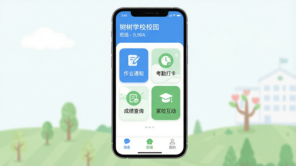 小树苗智慧校园APP主界面全貌展示,主体是一个手机屏幕,屏幕中显示应用首页布局,顶部是学校名称和班级信息,中间卡片式排列着作业通知、考勤打卡、成绩查询、家校互动四个功能入口,底部导航栏有消息、班级、我的三个选项卡,整体采用蓝白绿清新配色,扁平化设计风格,图标圆润简洁,画面干净无多余元素,高清画质