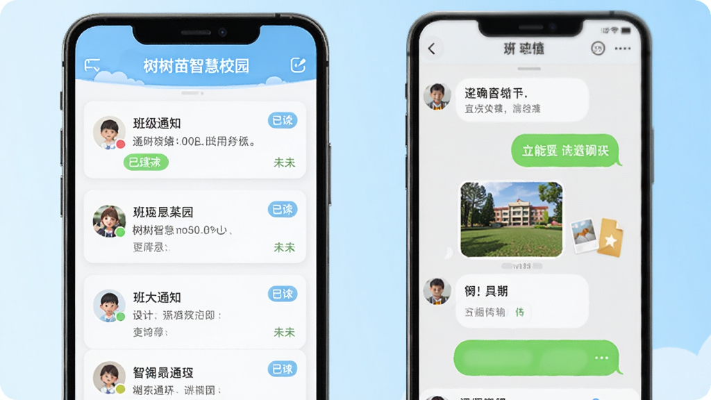 小树苗智慧校园家校沟通功能界面,手机屏幕中展示班级通知列表和聊天对话框,通知卡片上有已读未读状态标签,聊天界面有文字、图片和文件传输记录,背景是浅蓝色渐变,界面风格简洁明快,画质清晰干净