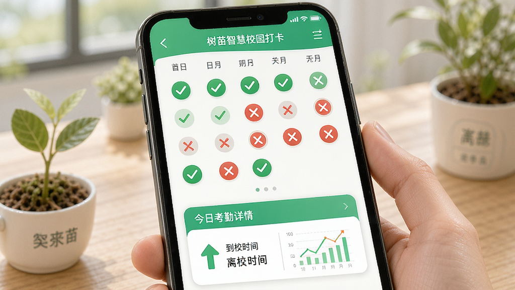 小树苗智慧校园考勤打卡功能展示,手机屏幕中显示考勤日历视图,每天有绿色对勾或红色叉号标记出勤状态,下方是今日考勤详情卡片,显示到校时间和离校时间,界面配色清新,数据图表清晰直观,高清画质