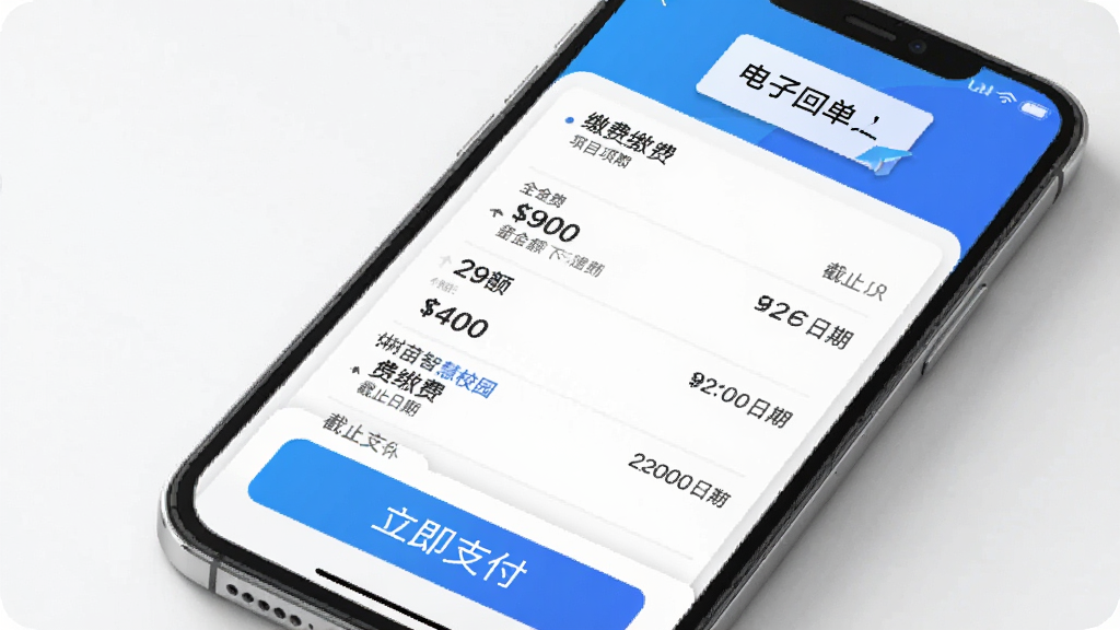 小树苗智慧校园缴费功能界面,手机屏幕中展示缴费项目列表,每项有金额和截止日期,底部有立即支付按钮,上方有电子回单入口,界面设计简洁商务,蓝白配色,数据展示清晰,高清画质
