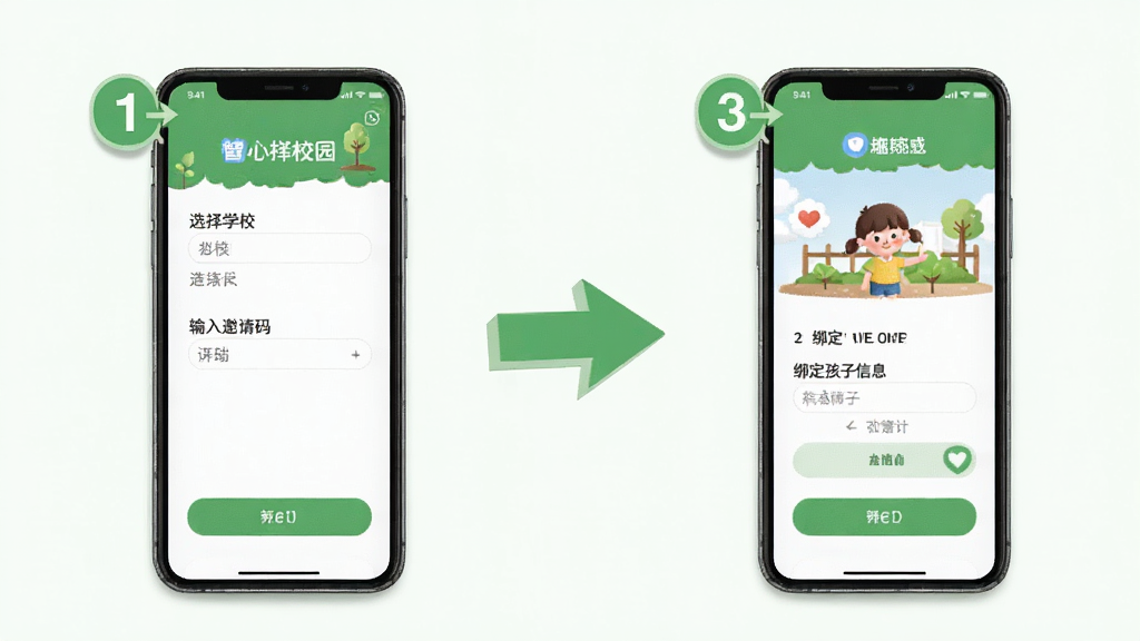 小树苗智慧校园注册绑定流程示意图,手机屏幕中展示选择学校、输入邀请码、绑定孩子信息三个步骤的界面截图,每一步有清晰的数字标注和箭头引导,背景简洁,配色清新,适合新手查看,高清画质