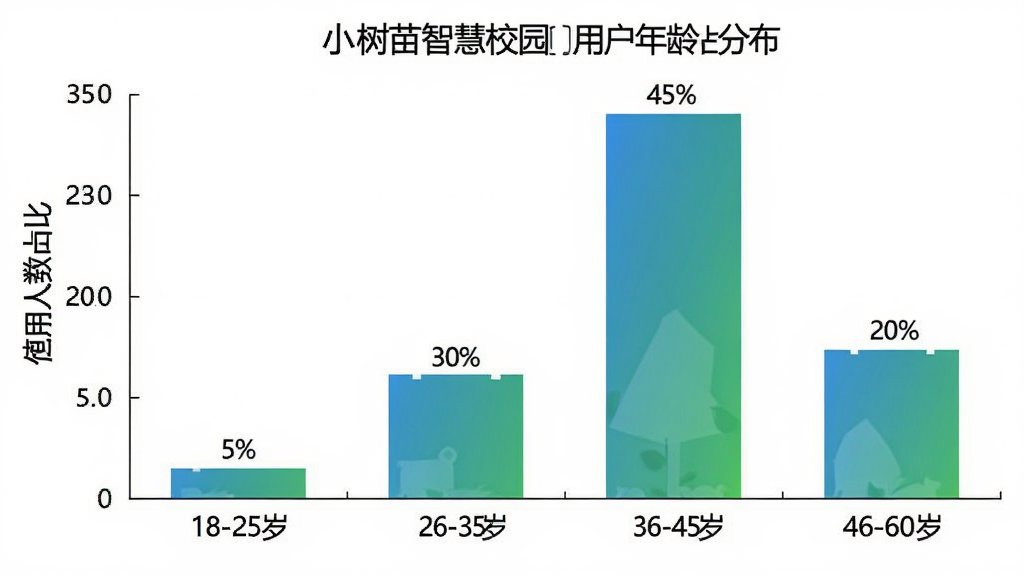 小树苗智慧校园用户年龄分布柱状图,横轴为年龄段18-25岁、26-35岁、36-45岁、46-60岁,纵轴为使用人数占比,柱状图显示36-45岁占比最高约45%,26-35岁占比约30%,46-60岁占比约20%,18-25岁占比约5%,配色使用蓝绿渐变,图表清晰直观,高清画质