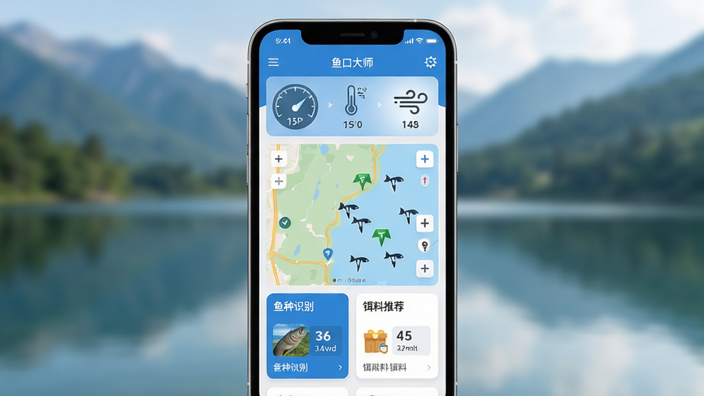 鱼口大师 应用主界面全貌展示,画面中心是一个现代智能手机,屏幕显示蓝白配色的钓鱼数据仪表盘,上方有气压、温度、风向图标,中间是钓点地图和水域标记,下方有鱼种识别和饵料推荐卡片,背景是模糊的湖光山色,风格清新自然,细节干净整洁,画质清晰,无多余元素