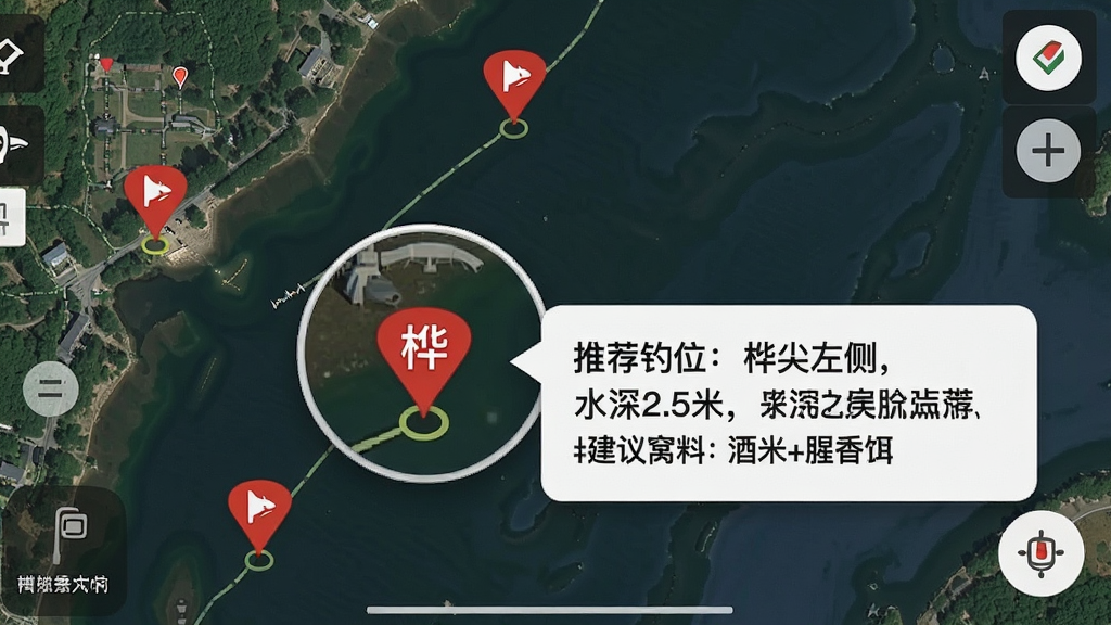 鱼口大师 钓点推荐界面,画面展示手机地图上标记了三个红色钓鱼图标,其中一个图标被放大显示,旁边弹出卡片写着“推荐钓位:桦尖左侧,水深2.5米,建议窝料:酒米+腥香饵”,背景是水域卫星图,风格写实,细节丰富,画质清晰,无多余元素