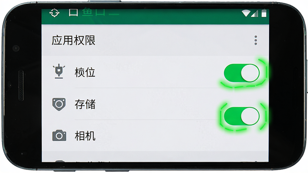 鱼口大师 安装权限设置示意图,画面展示一个安卓手机屏幕,屏幕上显示“应用权限”设置页面,定位、存储、相机三个权限开关被高亮标注为绿色开启状态,背景是系统设置界面,风格清晰直观,细节明确,画质干净,无多余元素