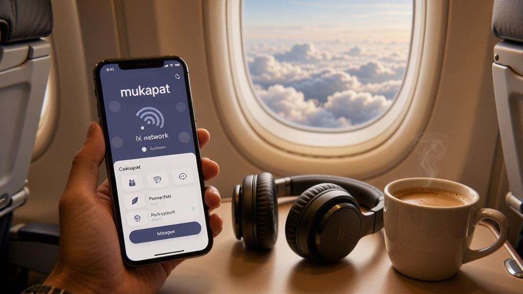 mukapat 离线使用场景,手机屏幕显示mukapat 界面,旁边放着一副耳机和一杯咖啡,背景是飞机舷窗外的云层,强调无网络环境下的可用性,画面色调温暖,风格写实,画质清晰,无多余杂物