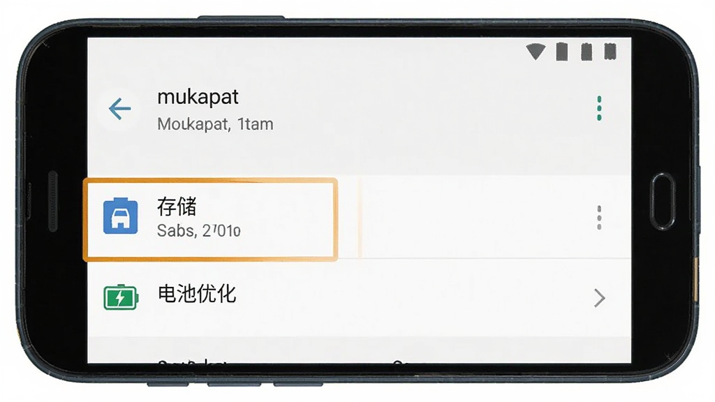 mukapat 手机权限设置界面示意图,手机屏幕显示应用权限管理页面,高亮标注「存储」和「电池优化」两个选项,界面风格为安卓原生设置风格,画质清晰,布局整齐,无多余装饰