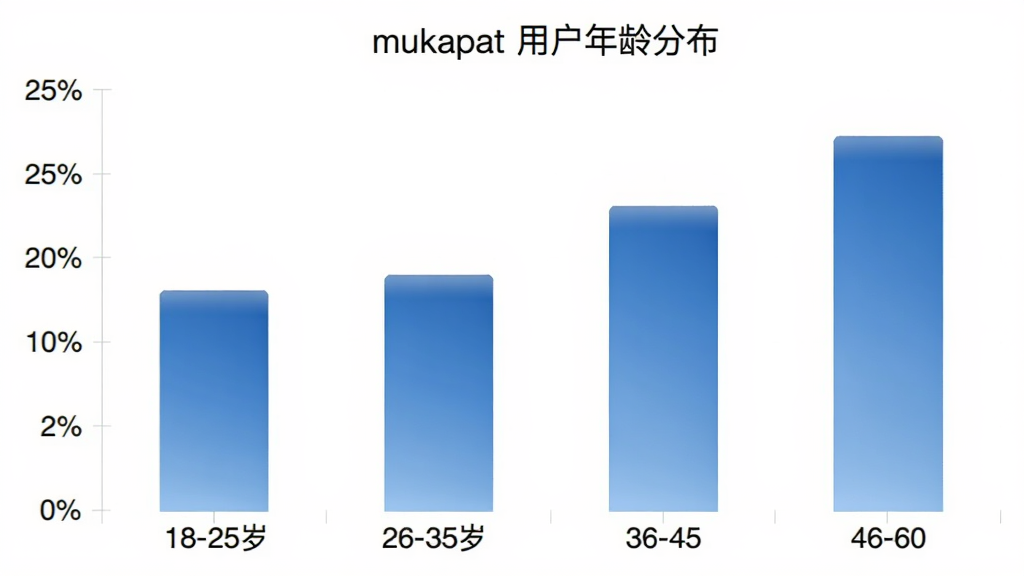 mukapat 用户年龄分布柱状图,横轴为年龄段18-25岁、26-35岁、36-45岁、46-60岁,纵轴为用户占比百分比,柱状图颜色为蓝色渐变,图表标题为「mukapat 用户年龄分布」,背景白色,风格简洁数据可视化,画质清晰,无多余元素