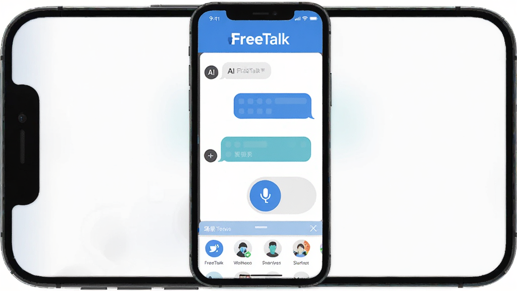 FreeTalk英语口语练习App主界面,手机屏幕展示AI对话聊天窗口,蓝白配色,界面简洁,顶部显示