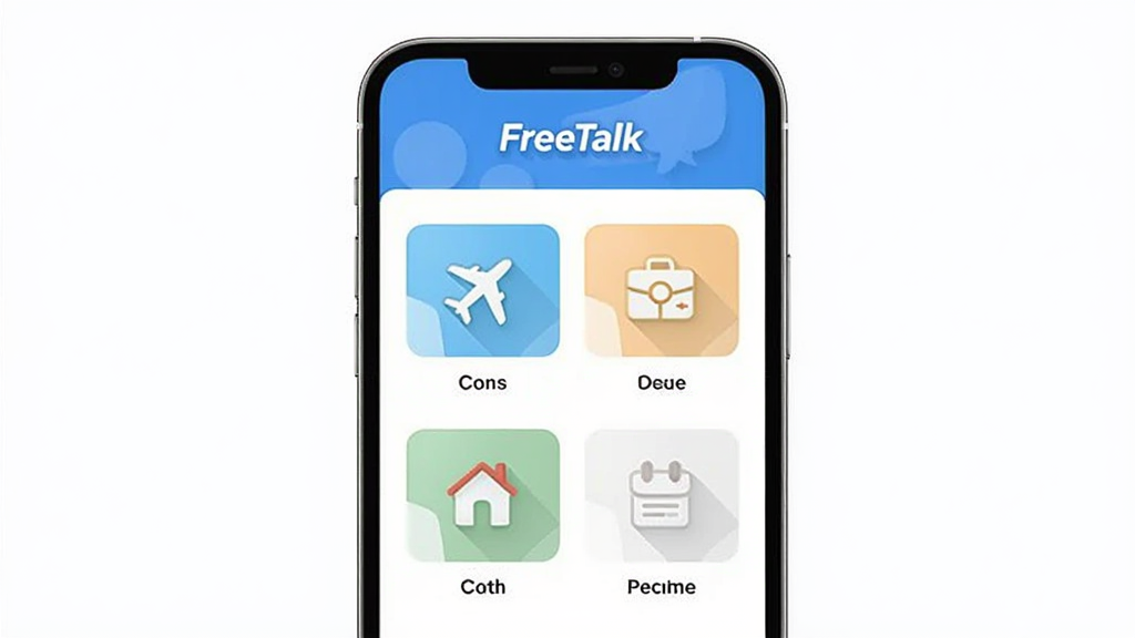 FreeTalk多场景英语对话练习界面,手机屏幕展示场景选择页面,包含旅行、职场、日常等分类图标,界面排版清晰,风格现代简约,带有